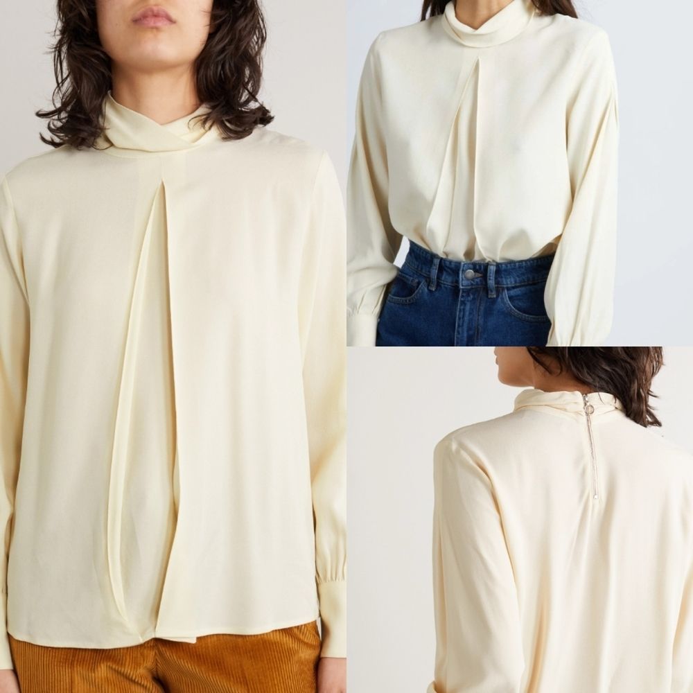 OFFICINE GENERALE PARIS 6 Ivory Daniela Crepe Pleated Blouse Size Medium